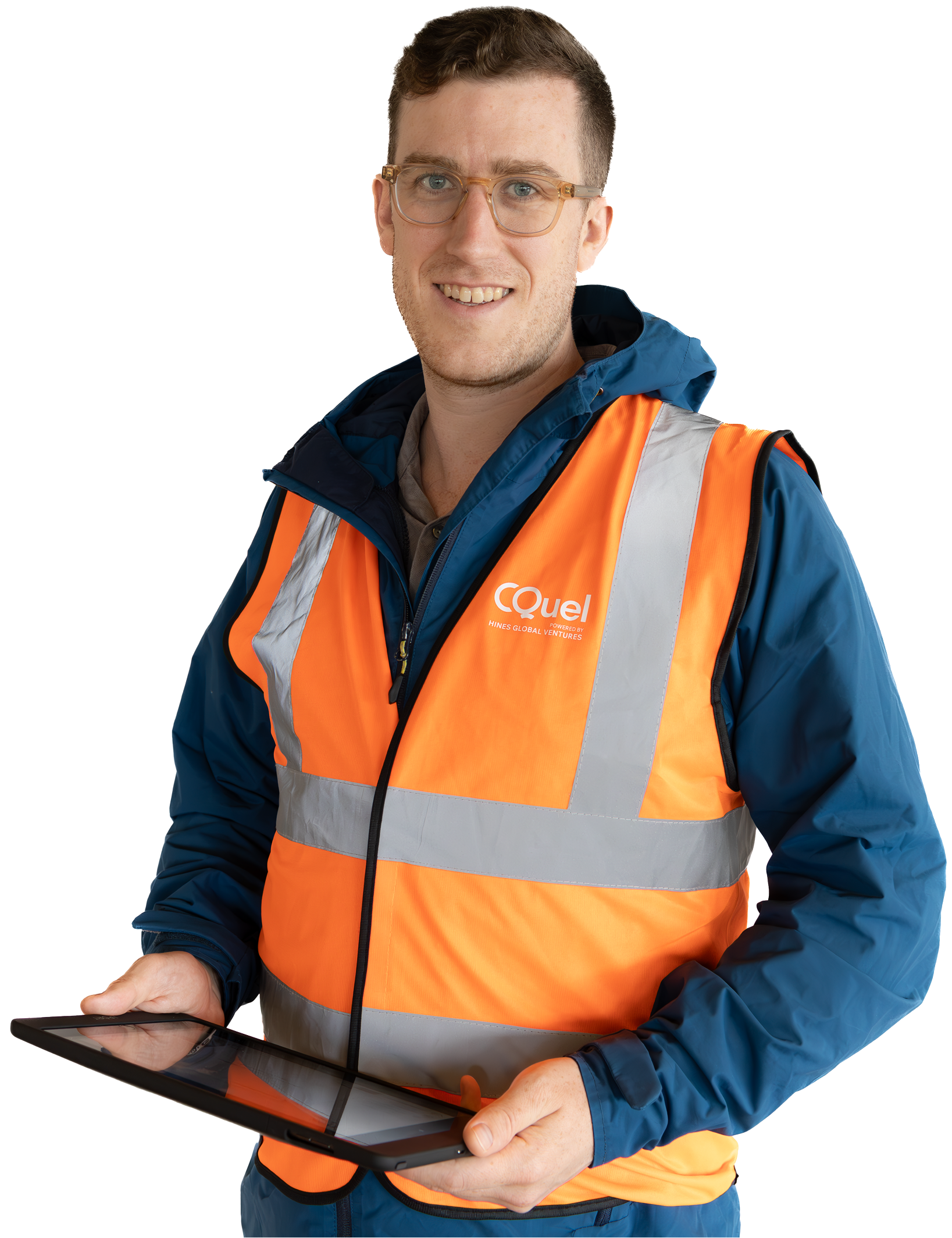 CQuel account manager in branded workwear with a tablet