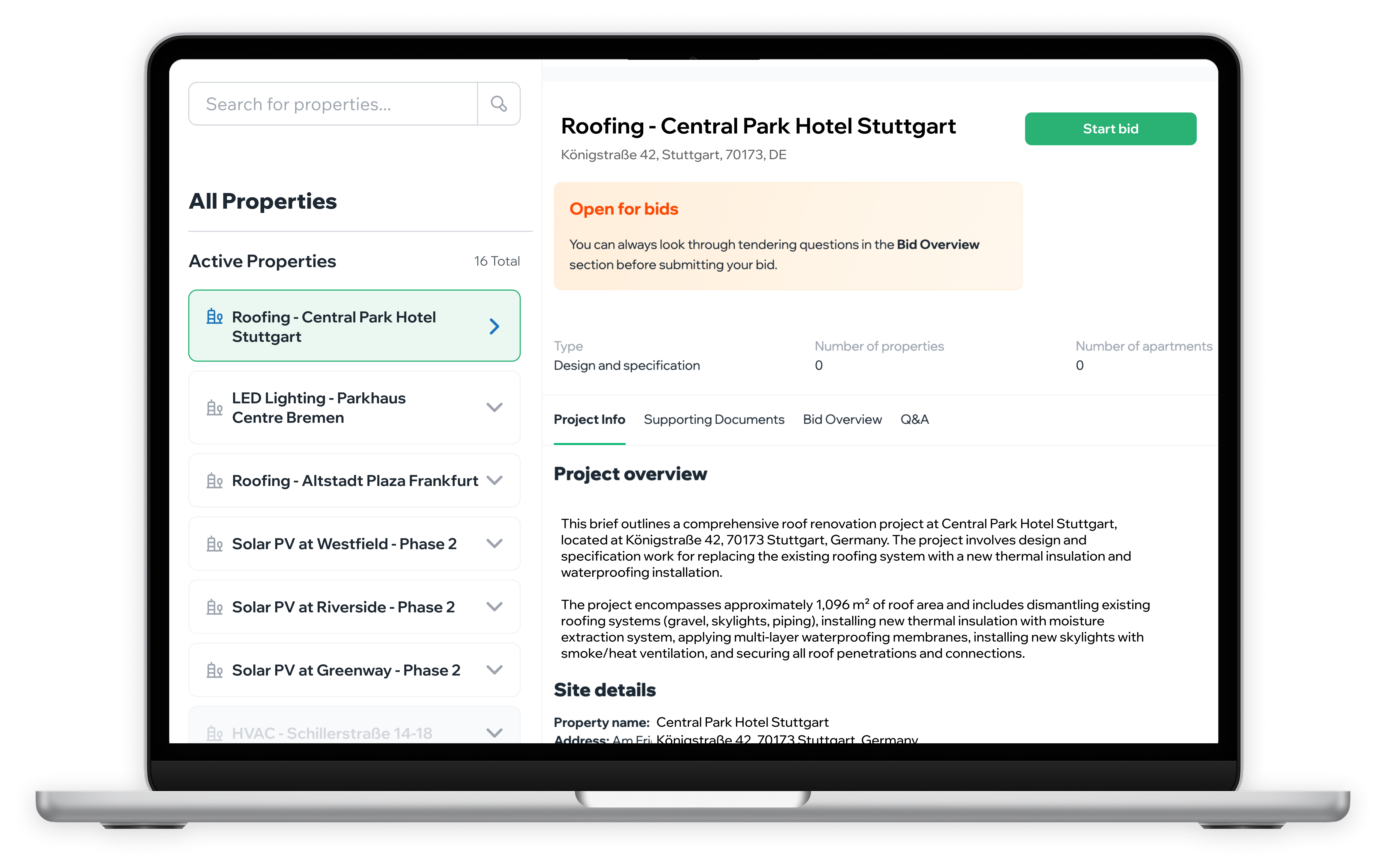 CQuel bidding portal showing project list and project details